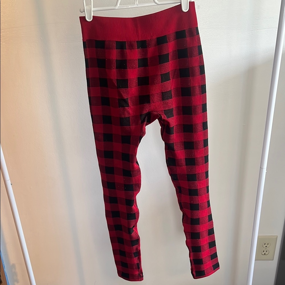Buffalo Plaid Red and Black Leggings Stretchy Knit - Picture 3 of 3